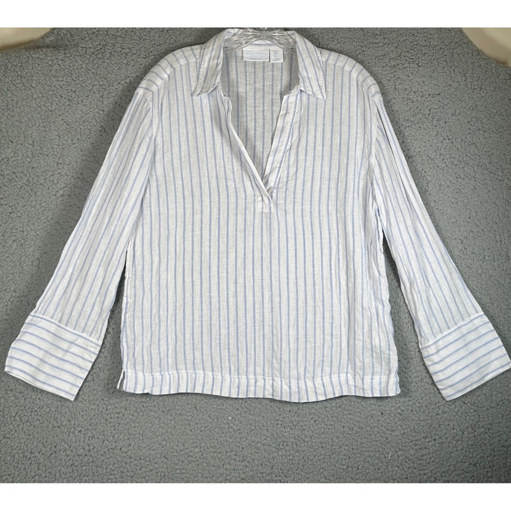 Martha Stewart Striped 100% Linen Split V-Neck Tunic Blouse Size Small Womens